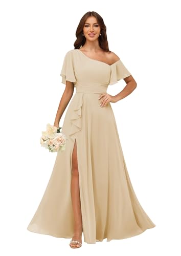 Image of One Shoulder Bridesmaid Dresses for Women with Pockets Short Sleeve Ruffled Chiffon Formal Evening Gowns