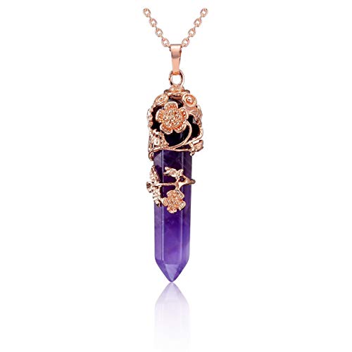 PESOENTH Amethyst Crystal Healing Pendant Necklace for Women, Vintage Rose Gold Flower Wrapped Purple Hexagonal Gemstone Healing Point Chakra Stone Necklace Energy Balacing Jewelry Gifts
