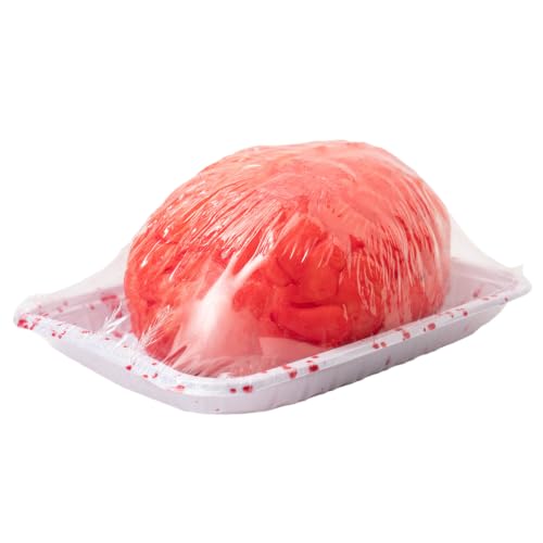 Decoraciones sangrientas de Halloween: cerebro realista con plato rojo para casa embrujada