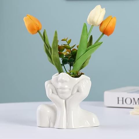Disoza Weiß Vasen Tischdeko Keramik Modern Gesicht Vase Vintage Weiß Vase Cover
