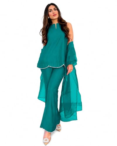 Image of Pearl Embroidered Solid Kurta Palazzo Set|Indo Western Party Outfit with Organza Net Dupatta|Sleeveless Kurti for Women