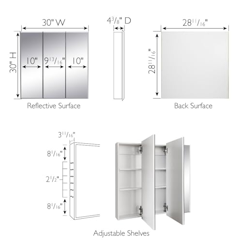 Image of Design House Cyprus 30-in. Wide Medicine Cabinet, 3 Frameless Mirrored Doors, 2 Adjustable Shelves, Pre-Assembled, Surface or Recess Mounted, White, 30.0 in. W x 4.4 in. D x 30.0 in. H, 59749 | Adjustable Shelves, Wall Mount, Contemporary /Modern, Wood, Bath, 597492