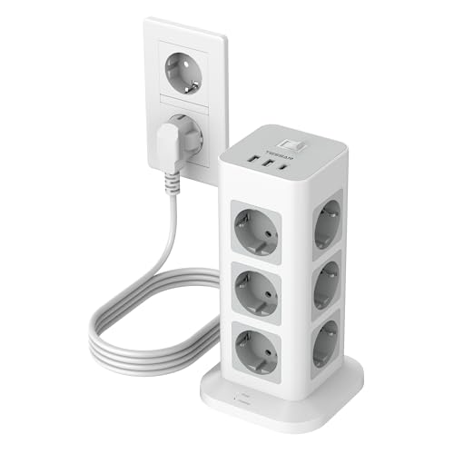 TESSAN Mehrfachsteckdose mit Verlängerungskabel 2M, 12 Fach Steckdosenleiste mit USB C und 2 USB A, Steckerleiste Überspannungsschutz, 3600W Steckdosenturm Verteilersteckdose für Zuhause, Grau