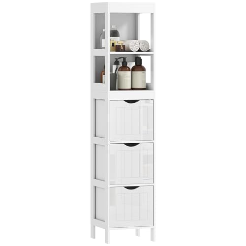 HOMCOM Narrow Bathroom Storage Cabinet, Bathroom Floor Cabinet with 3 Drawers & 2 Open Shelves, Freestanding Slim Storage Organizer for Small Spaces, White