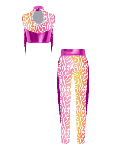 YEAHDOR Girls Hip Hop Jazz Dance Outfits Zebra Print Metallic Crop Tops and Skinny Leggings Athletic Outfits Hot Pink 8 Years4