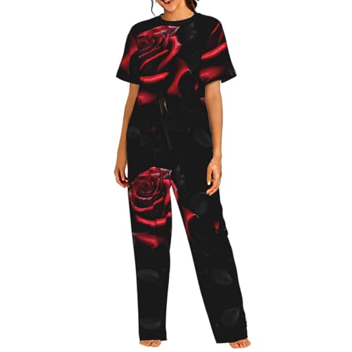 Pyjama confortable pour femme, ensemble rouge et roses idéal pour la détente