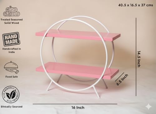 Image of 2 Tier Spice Rack Organizer for Kitchen Countertop - Metal & Wooden Masala Stand Condiments, Seasonings Multipurpose Storage Rack for Home & Kitchen Decor (Blk Brown) (Pink White)