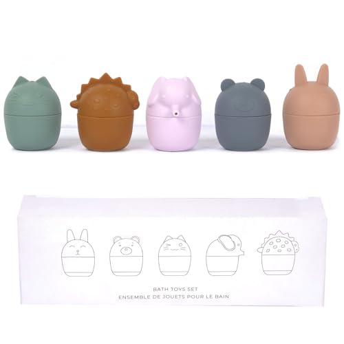 Image of Animal Shaped Silicone Bath Toys for Kids Ages 1-3 - Set of 5 Non-Toxic Toys for Baby and Toddlers from 6 Months - Easy to Clean, Pool Toys