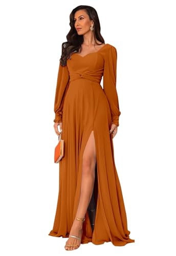 Sukleet Long Sleeve Bridesmaid Dresses with Slit A Line Pleated Chiffon Formal Evening Gowns for Women