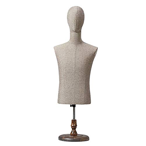UWYTGF Tabletop Male Mannequin with Round Solid Wood Base,Counter Or Table Display,Adjustableheight Linen Male Dress Form,with Arm-M,No Arm,M