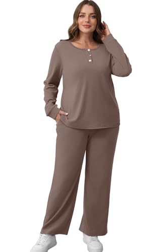 WIHOLL Two Piece Sets for Women Lounge 2 Piece Outfits Chocolate Brown Fall Clothes 2025 Sweat Suits Casual Tracksuit Loose Fit Wide Leg Pants Button Down Loungewear Matching Sets Winter Clothing XL - Thumbnail 3