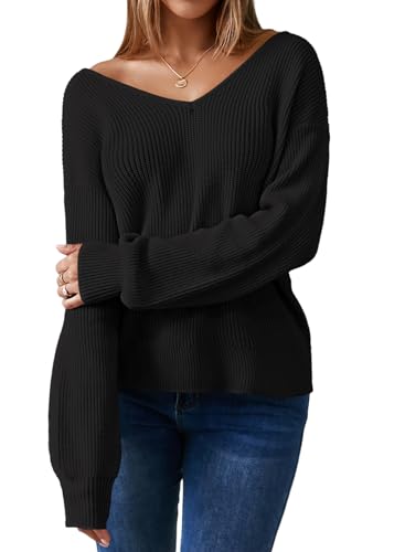Womens Pullover Sweaters Casual Long Sleeve V Neck Loose Fit Knit Tops3