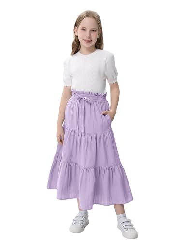Image of Maxi Skorts Skirt for Girls Button Front High Waisted Long Skirt with Belt Ruffled Skirts with Pocket 3-12Years