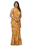 Vestido indio Sari One Minute con estampado floral, listo para usar, Georgette Sari 8691, Mostaza Amarillo, XS