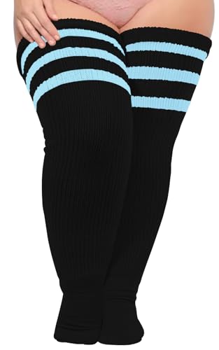 Plus Size Womens Thigh High Socks for Thick Thighs- Extra Long Striped Thick Over the Knee Stockings- Leg Warmer Boot Socks, Black & Blue, Large Plus