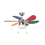 6 aspas multicolor de 85 cm de diámetro que garantizan un gran caudal de aire para que puedas disfrutar de una temperatura agradable
