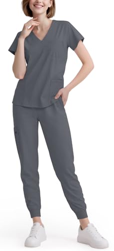 Eadflie Scrubs for Women Set - 8-Pocket V-Neck Scrub Uniform, Stretch Jogger Pants, Medical Workwear for Nurses, Pet Care (Grey/XS)
