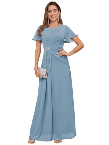 Mother of The Bride Dresses Short Sleeve A-line Scoop Ankle Length Chiffon Elegant Wedding Guest Dress with Beading Pleated
