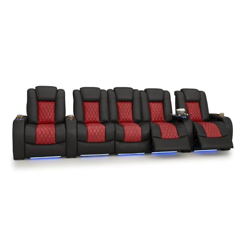 Image of Seatcraft Diamante Black /Red Italian Leather Home Theater Seating, Zero Gravity Power Recliner, Gaming and Home Office Chair, Powered Headrest Furniture for Cinema Room, Row of 5 Middle Sofa