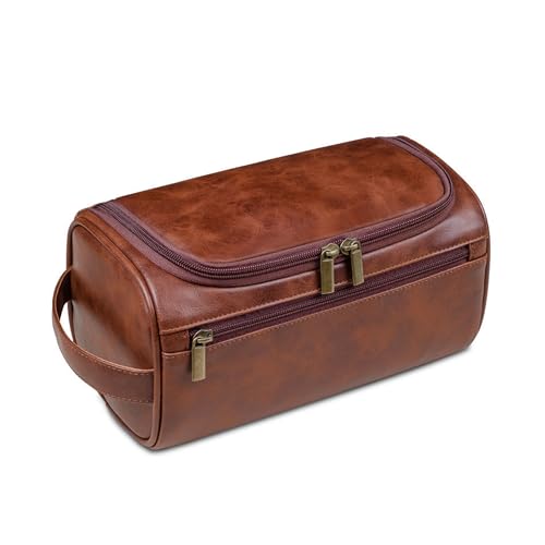 Pupunno - Neceser para hombre, piel sintética, negro, marrón, gran capacidad, impermeable, bolsa de viaje colgante con ganchillo, estilo vintage, marrón, Lujo Vintage