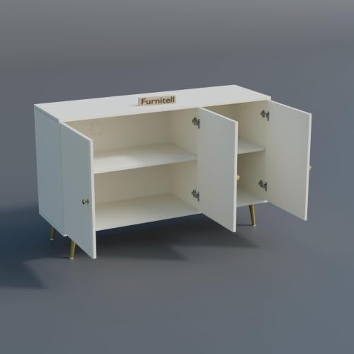 Image of Wooden Storage Cabinet for Living Room & Bedroom | Fluted Design Sideboard with 3 Doors | Multipurpose Organizer for Entryway | HDMR Premium Wood | Gold Metal Legs | White