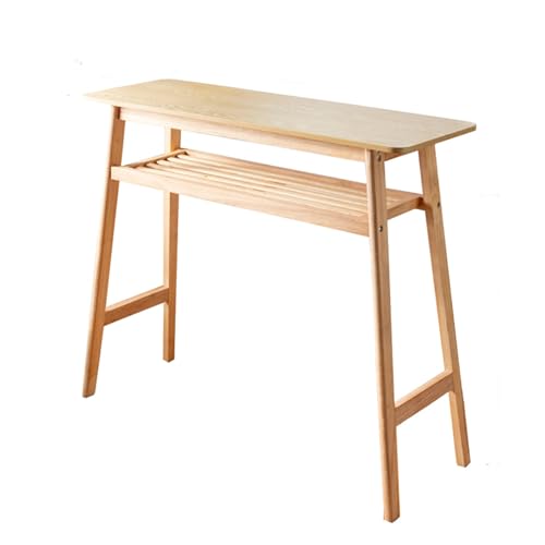Mesas Altas de Bars Nórdico Madera Maciza Almacenamiento de Doble Capa Barra Bars Tablero Grueso Patas Robustas Esquinas Redondeadas Mesa de Balcón para Salón, Comedor, Bari