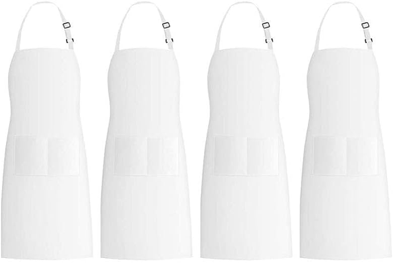 Kitchen Cooking Aprons,Aprons with Pockets 4 Pack Bib Aprons Adjustable Kitchen Cooking Chef Apron for Women & Men, White Apron