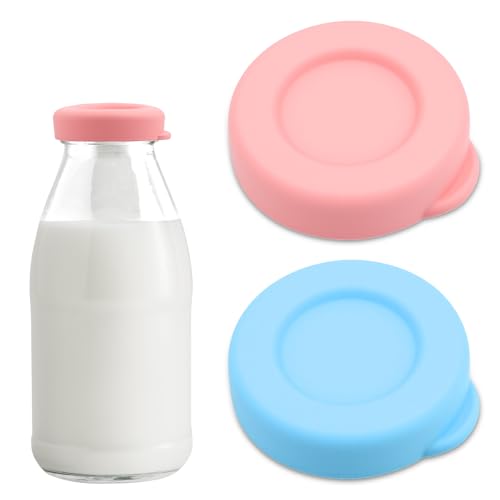 2 tapones reutilizables de silicona para botellas de leche de 48 mm de diámetro, tapas de repuesto coloridas para botellas de leche de vidrio (1 rosa + 1 azul)