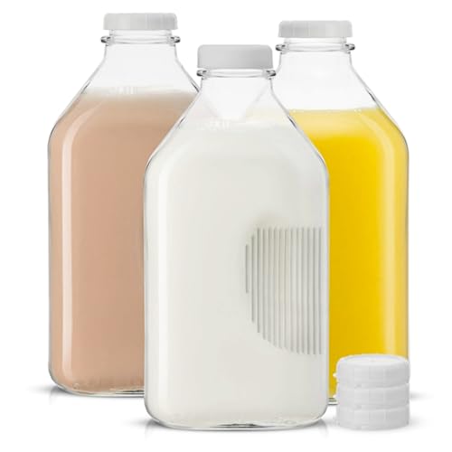 DZGUAI Lot de 3 bouteilles de lait en verre avec couvercles, conteneurs de lait transparents pour réfrigérateur, bouteilles de jus en verre, hermétiques,...