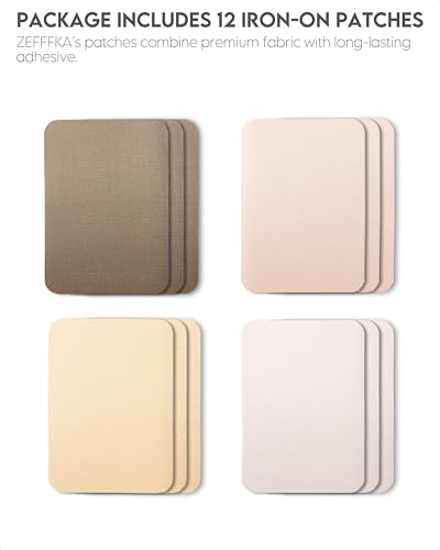 ZEFFFKA Premium Quality Fabric Iron-on Patches Inside & Outside Strongest Glue 100% Cotton Shades of Brown Beige Khaki Repair Decorating Kit 12 Pieces Size 3" by 4-1/4" (7.5 cm x 10.5 cm)