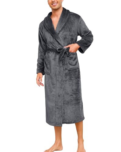 Vlazom Mens Dressing Gown Plush Fleece Bathrobe with Shawl Collar Robe, Soft Warm Men's Robes Spa Bath Thick Housecoat with Pockets Dark Grey,XXL