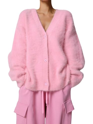 Image of chouyatou Women Furry Open Front Cardigan V-Neck Loose Casual Fluffy Knit Button Down Sweater Coat