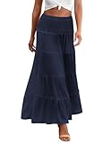 Zeagoo Women Long Skirts Double Layer Tiered A Line Elastic High Waisted Casual Maxi Skirts Summer Midi Dress, Navy Blue M