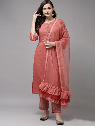 Image of INDO ERA Women's Poly Chiffon Embroidered Straight Kurta With Pant & Dupatta Set (RRRRR8075)