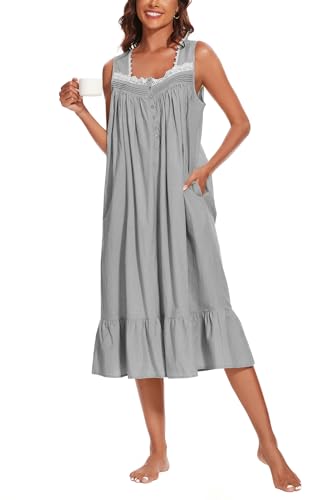 AVIIER 100% Cotton Sleeveless Nightgown with Pockets