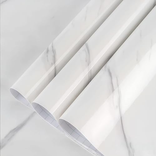 Image of WISDOM Large White Marble Granite Wallpaper Peel Stick Waterproof Furniture Sticker Self-Adhesive Contact Paper PVC for Countertop (White Line Marble, 24x48 Inch)
