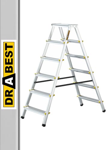 DRABEST Trittleiter Klapptritt Aluleiter mit 6 Stufen Beidseitig Leiter bis 150 kg Belastbar Stehleiter, Haushaltsleiter