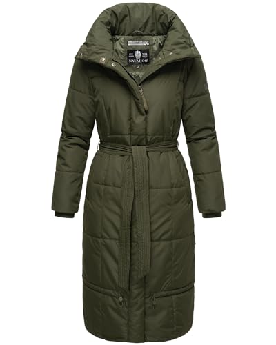 Navahoo Damen Wintermantel Warmer Steppmantel extralang mit Gürtel Mirenaa Dark Olive Gr. S
