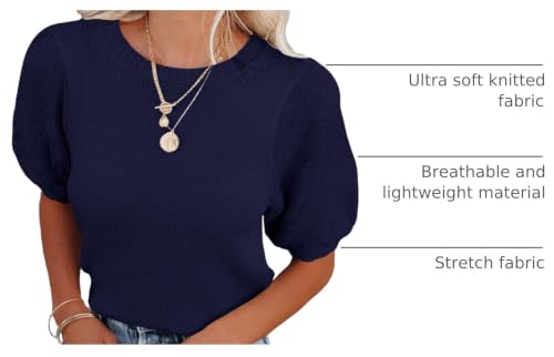 Image of Womens Short Sleeve Sweaters Crewneck Knit Pullover Tops 2025 Summer Casual Lightweight Crochet Blouse Shirt