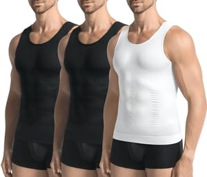 Image of 3 Pack Compression Shirt Men Body Shaper Vest Workout Tank Top | Tummy Control Slimming Undershirts,Gym Shapewear for Mens,Hides Man Boobs