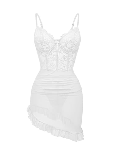 Image of Foxiny Sexy Corset Bodycon Ruffle Sheer Underwire Mesh Lace Floral Outfits Babydoll Lingerie Set Dress with Thong 2 Piece