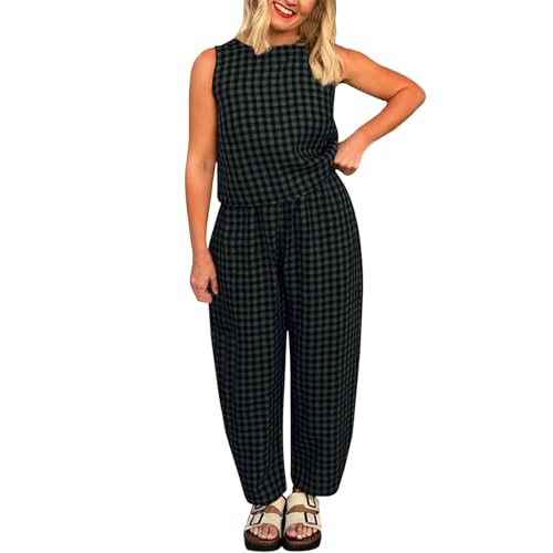 Ensemble décontracté à carreaux femme 2 pièces avec pantalon baggy ample et respirant