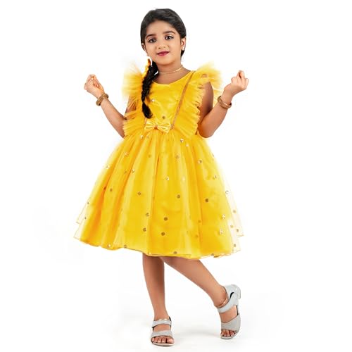 Image of Stanwells Kids Dress for Girls Bow Shade Sequins Embroider Knee Length Frock for Baby Girls Silk Birthday Perfect Dress Frock