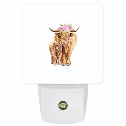 Image of OneHoney Lovely Highland Cow with Baby LED Plug-in Night Light Auto Dusk to Dawn Sensor Decor Lamp for Bedroom, Bathroom, Kitchen, Hallway, Stairs, Hallway Animal and Flowers