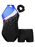 BNDDZBN Gymnastics Leotards for Girls Girl Rhinestone Ballet Leotard Gymnastic Bodysuit with Short(Black Royal Blue,8)
