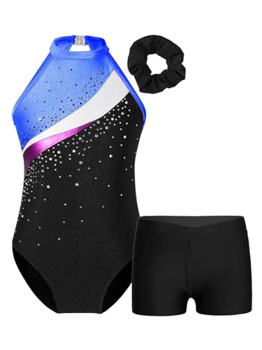BNDDZBN Gymnastics Leotards for Girls Girl Rhinestone Ballet Leotard Gymnastic Bodysuit with Short(Black Royal Blue,8)