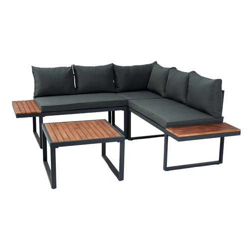 Eailaveo 4 Piece Outdoor L-Shaped Wicker Sectional Sofa Seating Group Conversation Sets with Side Table and Cushions,for Patio Porch Lawn Garden Backyard Poolside (Dark Grey@Cushions)