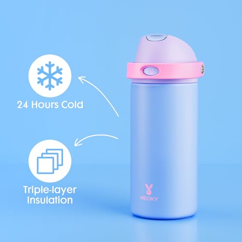 Image of Meoky 2 Pack 18 oz Insulated Kids Water Bottle for Travel | 2-in-1 Straw and Spout Lid, Leak Proof, Stainless Steel, Cold for 24 Hours, Fits in Car Cup Holder, Hydrangea & Fruit Punch