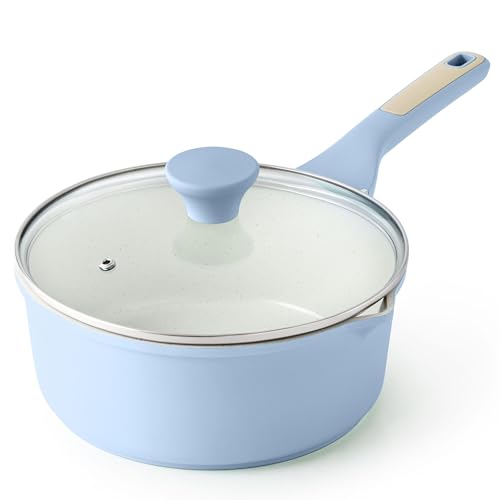 SENSARTE Ceramic Nonstick Saucepan with Double Pouring Spout 3.0 Quarts, Cooking Pot with Stay Cool Handle, Induction Compatible, Ceramic Coating, Free of Intentionally Added PFOA/PFAS, Blue