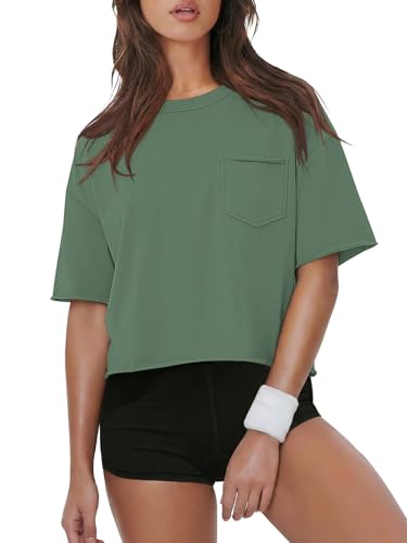 Image of ATHMILE Womens Crop Tops Workout Shirts Gym Oversized Spring Summer Basic Tees Short Sleeve Casual Loose Drop Shoulder 2026